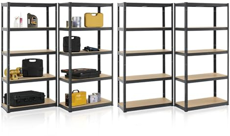 Juskys Étagère Charges Lourdes Basic, Lot de 4, 180 x 90 x 40 cm - 5 Niveau á 175 kg, Capacité 875 kg, Étagères de Rangement en Metal pour Garage et Cave - Gris