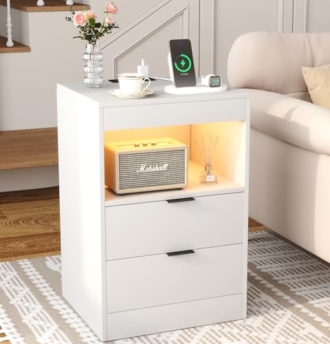 Yusong LED Nightstand Bedside Table with Charging Station 2 Drawers, White Modern Sofa Couch End Side Table with Lights, Invisible Lock and Pull-Out Shelf for Bedroom Living Room, Wooden
