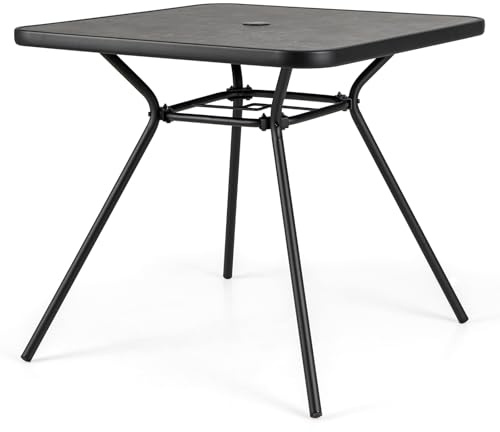 GIANTEX Mesa de Comedor de Jardín Cuadrada, 80 x 80 x 72,5 cm, con Tablero SPC y Agujero para Sombrilla, Estructura de Metal Robusta, Carga 100 kg, Mesa para Balcón, Patio