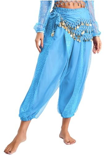 CHICTRY Arabische Prinzessin Kostüm Damen Pailletten Münzen Bauchtanz Kostüm Haremshose Chiffon Tribal Tanzhose Aladinhose Pluderhose Traininsgshose