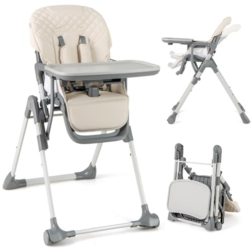 GOPLUS Trona Plegable para Bebés, Trona Infantil con Ajuste de 5 Posiciones de Altura, 2 Posiciones de Reclinado y 3 Posiciones de Bandeja, Silla Portátil con 2 Ruedas, 6-36 Meses (Beige)