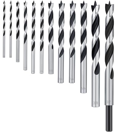 Brad Point Drill Bit Set 12Pcs (1/8 - 1/2), Wood Drill Bit Set with Double Flutes Design for Hardwood, Plywood, Plastic Round Holes in All Types of Wood