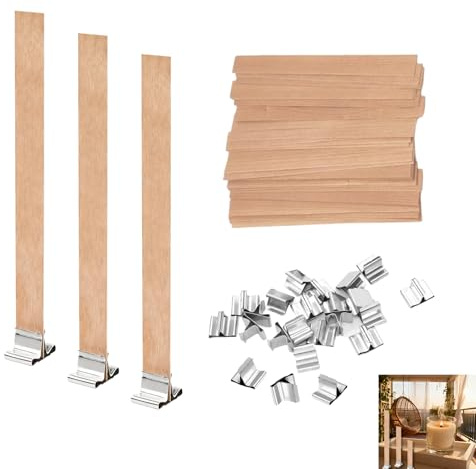 Kit de 60 Mechas de Madera para Velas Artesanales 13x130mm con 30 Bases Metálicas, Mechas Ecológicas para Velas Caseras de Parafina y Cera Vegetal, Ideales para Aromaterapia Decoración Proyectos DIY