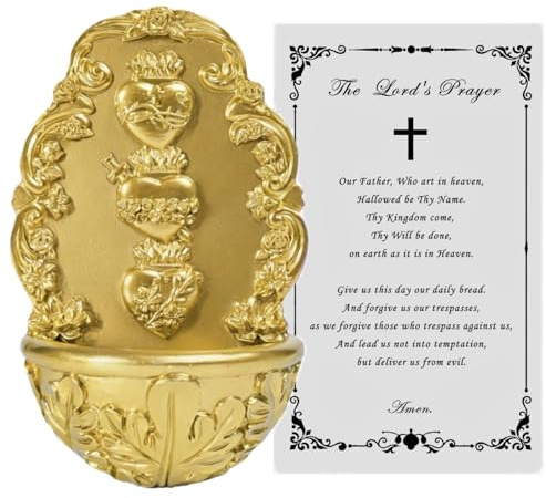 Snugology Holy Water Font Sacred Heart Catholic Decor - Holy Water Holder with Lord's Prayer Card Fuente De Agua Bendita for Wall, Altar, Home Entrance