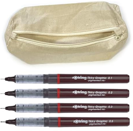 rOtring TIKKY Graphic Fineliner Stifte Set - 4 schwarze Tintenspitzen (0,1, 0,2, 0,3, 0,5 mm) + Federmäppchen aus Öko-Baumwolle | Wasserdicht, pigmentiert, langanhaltend