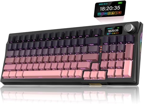 RedThunder K95 US-Layout kabellose mechanische Gaming-Tastatur, 1,88 Display & Drehknopf, 3-Modus, Hot-Swap, linearer Pink-Schalter, anpassbare RGB, Software, 8000 mAh, Farbverlauf Rosa