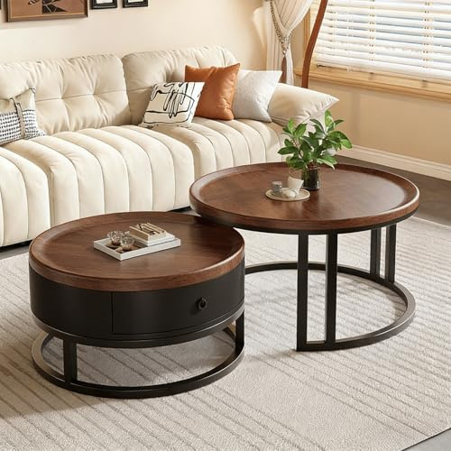 Couchtisch 2er Set aus Holz, Wohnzimmertisch Vintage-Flair mit Schublade, Beistelltisch Set 2 in 1 mit Metallgestell, Braun Kaffeetische für Wohnzimmer Büro,Rund