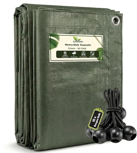 GARDENIX 6m x 8m Green Tarp 50gsm Tarpaulin Waterproof Tarp Sheet Cover, Groundsheet, Multipurpose, Lightweight + 10 x 4 Bungee Balls (Black)