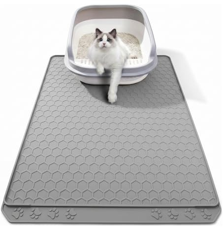 Katzenklo Matte Silikon 86×56cm, rutschfest Katzenstreu Matte Silikon wasserdichte Katzenmatte Große Katzenklo Unterleger mit Erhöhtem Rand für Katzen Hunde (Grau)