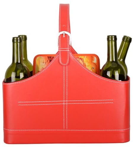 Zeitschriftenhalter aus rotem Leder mit Griff oben – Korb für Wein, Blumen, Früchte, Süßigkeiten, Zeitungen, Weihnachten