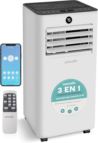 SereneLife - Aire acondicionado móvil 7000 BTU con evacuación - Aire acondicionado portátil WiFi 3 en 1 silencioso con deshumidificador, ventilador y kit ventana
