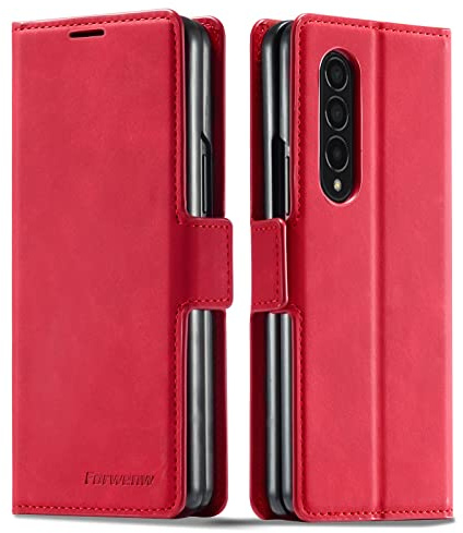 EYZUTAK Premium PU Leather Flip Folio Case for Samsung Galaxy Z Fold 3 5G, Protective Case with Kickstand Card Slot Holder Hidden Magnetic Closure Shockproof Durable Wallet Cover - Red