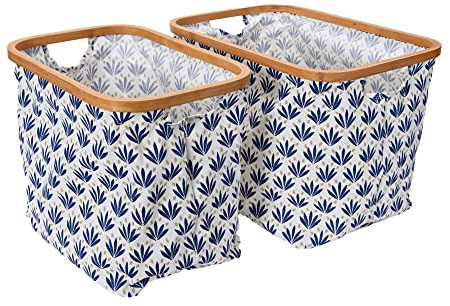 Household Essentials Bamboo Rimmed Krush Hamper with Cutout Handles, Set of 2 Sizes, Blue Cacti
