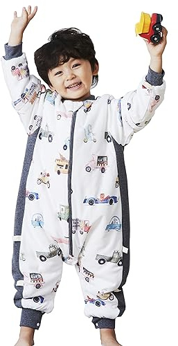 Chilsuessy Baby vintersovsäck 3,5 tog babysovsäck med fötter sparkdräkt varm vadderad sovsäck med avtagbara ärmar pyjamas barn sovsäck, färgglada bilar/3,5 tog, M/baby höjd 85–95 cm