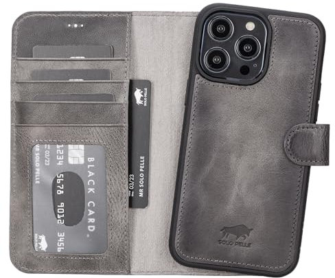 Solo Pelle Lederhülle kompatibel für iPhone 15 Pro Max in 6.7 Zoll abnehmbare Hülle (2in1) inkl. Kartenfächer für das original Apple iPhone 15 Pro Max in 6.7 (Steingrau)