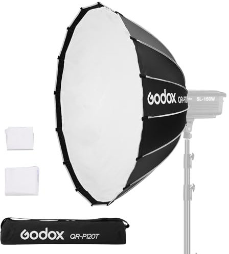 Godox Softbox parabolico a sgancio rapido QR-120T, 120 cm, con supporto Bowens, con borsa per il trasporto, 2 diffusori per riprese fotografiche, luce continua, monolights Vedio, riprese ritratti (47