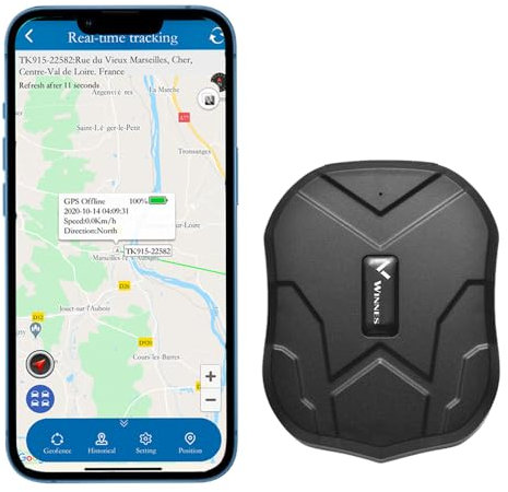 Winnes GPS Tracker Auto Ohne ABO APP Fahrrad GPS Tracker Wasserdicht Diebstahlschutz/Echtzeit Ortung/Geo Fence Alarms/Mehrere Alarmmodi 90 Tage Standby Starker Magnet Ortungsgerät