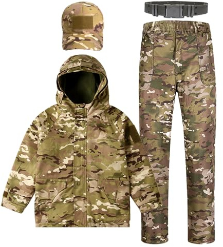 QIYUANT Bambini All'aperto Set di Giacca e Pantaloni di Abbigliamento Tattico Foderato Pile Airsoft Militare Camuffare Inverno Combattere (CP/Giacca + Pantaloni+ Berretto + Cintura, 160)