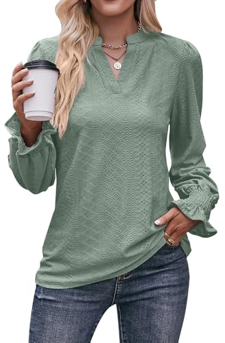 Bipily Femme Chemise Dentelle Col en V Blouse Élégant Top Haut à Manches Longues Décontracté Tunique Chemisier (Vert,S)
