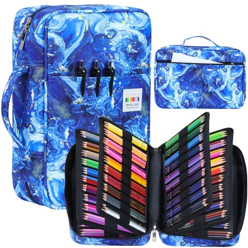 Likorlove Trousse à Crayons Grande Capacité – Étui de Rangement 300 Fentes en Tissu Oxford Imperméable avec Poignée | pour Stylos, Feutres, Pinceaux, Dessin et École (Bleu)