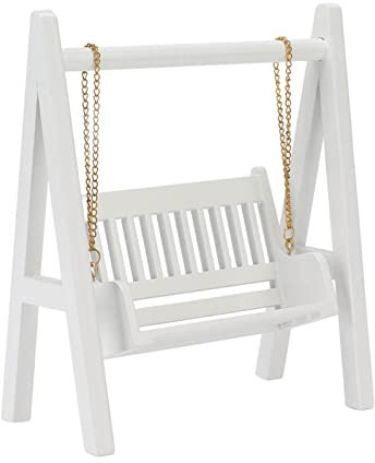 Akozon 1/12 Miniatur-Puppenhaus-Schaukel mit Goldkette, Weißer Hölzerner Puppenhaus-Dekorationsschaukelstuhl, Veranda-Schaukelmodell für Hausgartenszene, Birkenholzmaterial,