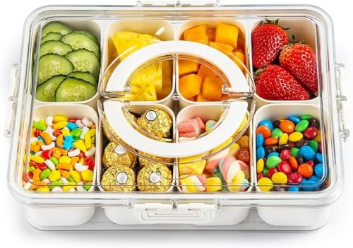 JNYLYFC Divided Serving Tray with Lid & Handle, Snack Box with 8 Compartments, Snack Tray, Food Storage Container for Travel, Party & Picnic, Clear Organizer for Veggie, Candy, Fruit, Nut