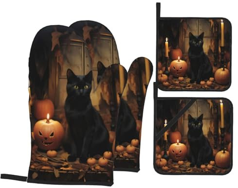 Lot de 4 maniques et maniques en forme de chat noir - Isolés, antidérapants, pour cuisiner, cuire, griller