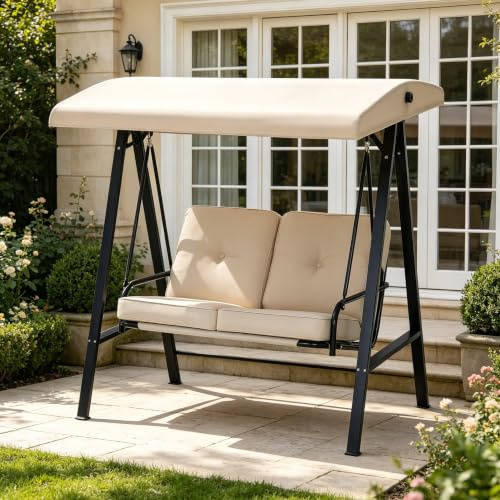 YODOLLA 2-Sitzer Hollywoodschaukel mit Sonnendach, Beige | Gartenschaukel Gartenliege mit abnehmbarem Kissen, Verandaschaukel geeignet für Hinterhof, Garten, Hof, Poolside