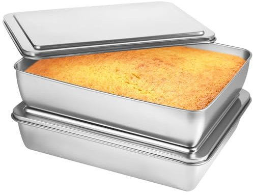 2 teglie per torte in acciaio inox con coperchi, antiaderenti, rettangolari, per pane, carne, verdure e altro ancora