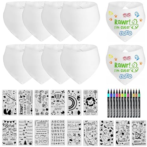 10 Stück Baby Lätzchen zum Bemalen, Babylätzchen Baumwolle, Lätzchen Weiß Lätzchen mit 12 Farbigem Farbigem Textilstiften und 15 Malen Schablonen Baby Shower Spiele für Babys Junge Mädchen Babyshower