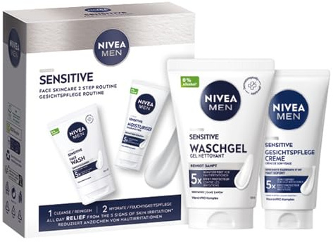 NIVEA MEN Sensitive Waschgel + Gesichtspflege Set – Geschenkset mit Reiniger (100 ml) und Gesichtscreme (50 ml) – Pflegeset für Männer mit empfindlicher Haut