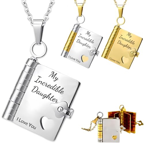 For Daughter-My Incredible Daughters Book Necklace,To My Daughter from Mom and Dad Personalized Book Necklace Openable Multi Layer Book Jewelry with 6 Pages of Engraved Information (A-Silver)