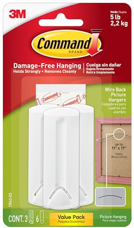 Command Colgadores de cuadros 17043 con parte trasera de alambre, paquete de 3 perchas y 6 tiras adhesivas, blancas, para colgar sin daños, para marcos con respaldo de alambre, con capacidad para hasta 2,2 kg (el embalaje puede variar), 1 paquete
