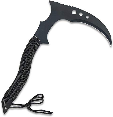 Black Legion Warrior Kama with Sheath - 18 Length | Scythe Weapon & Farming Sickle Hybrid | Black Cord Wrapped Handle | 14.5 Stainless Steel Blade with Black Coating | Martial Arts Training Tool