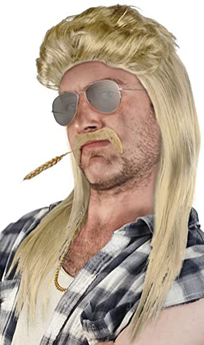 SET aus: Vokuila Perücke + Bart + Goldkette + Pilotenbrille Silber - Prollperücke Vokuhilaperücke Proll Pimp Blond Brünette Grau Schwarz 80er 90er Jahre (Hellblond + Bart + Goldkette + Pilotenbrille)