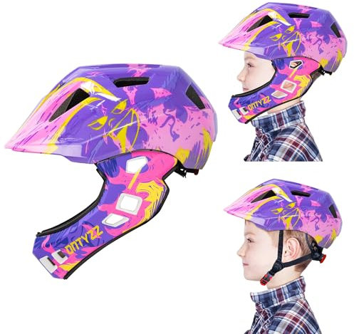 Fahrradhelm für Kinder, Integralhelme für Kinder, Integralhelme für Mountainbike, Jungen, Mädchen, Fahrradhelm mit abnehmbarem Kinnschutz, für Skateboarding, Roller, Skating