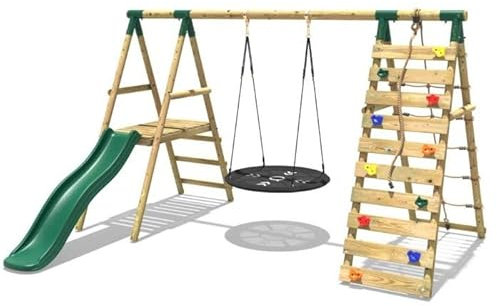 Rebo® Wooden Swing Set with Deck and Slide Plus Up and Over Climbing Wall - Pyrite Green | OutdoorToys | Sturdy Wooden Construction, Pressure Treated Timber