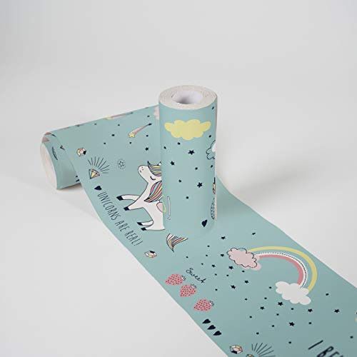 A.S. Création selbstklebende Bordüre - Papierbordüre mit kinderfreundlichen Motiven in Türkis, Rosa und Gelb - auf 5,00 m x 0,15 m je Rolle