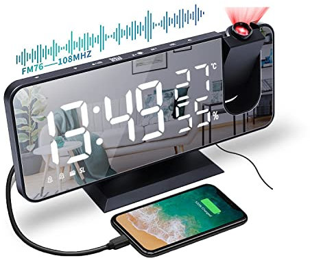 Sveglia Digitale da Comodino, Radiosveglia da Proiettore , FM Orologio con Doppi Allarmi, 3 Livelli Luminosità, USB Porta di Ricarica, 12/24 Ora, Snooze, 15 Livelli di Volume (Senza Adattatore)