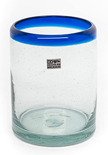 EMPORION Juego de 6 vasos soplados a mano (10 onzas) de México con borde azul cobalto, vidrio de burbujas reciclado rústico y hecho a mano