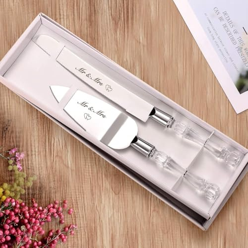 AW BRIDAL Mr and Mrs Wedding Cake Knife and Server Set, Stainless Steel Cake Cutter Slicer and Spatula Serving Set, Wedding Registry Anniversary Bridal Shower Gifts for Couples