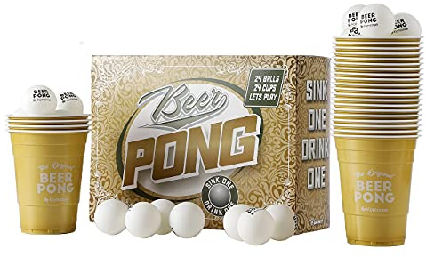 Komonee Beer Pong Set 48 PCS Wedding Edition American Adult Indoor Novelty Party Drinking Game 24 Printed Re-usable Cups and 24 High Bounce Balls Great For A Marriage Or Gift Idea