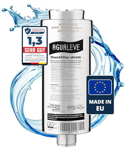 AGUALEVE® Duschfilter – Wasserfilter Dusche – in chrom – gegen Kalk, Schwermetalle, Chlor, Schmutz, wirkt bakteriostatisch – schönere Haut & Haare – Markenqualität Made in EU