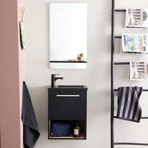 Mobile Lavamani con rivestimento in rovere interno nero, vaso nero Nika con rubinetto nero e specchio