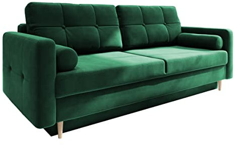 Fabryka Mebli Idźczak Schlafsofa Sofa Pastella Couch Ausklappbares Schlaffunktion Bettkasten - Kissen Bettzeugbehälter Hilfsautomat Wohnzimmer, Gästezimmer Modern Design (Kronos 19 Grün)