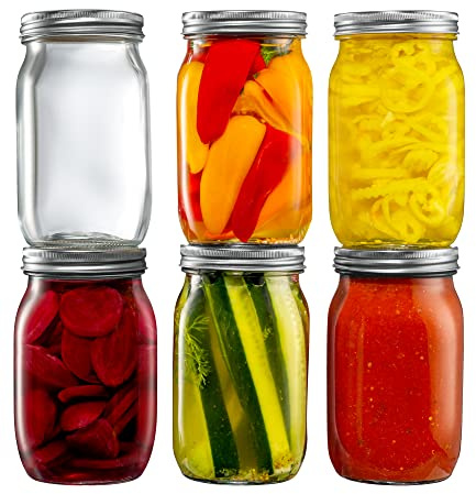 [6 Pack] 32 oz. Wide-Mouth Glass Mason Jars with Metal Airtight Lids and Bands 1 quart Large for Canning, Preserving, & Meal Prep