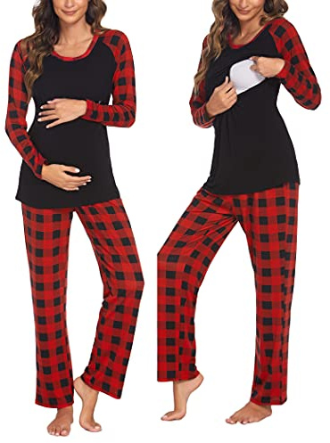 Ekouaer Women's Maternity Pyjamas Set Nursing Long Sleeves PJ Breastfeeding Sleepwear Warm Loungewear Set Cozy Nightwear XL