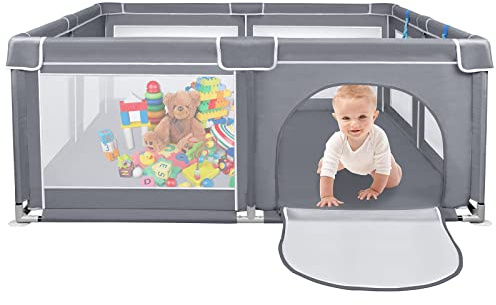 Aufun Baby Laufstall Laufgitter mit atmungsaktivem Netz und Reißverschluss, Grau Rechteckiges Krabbelgitter, schützender Spielbereich für Kinder(180x150x68cm)