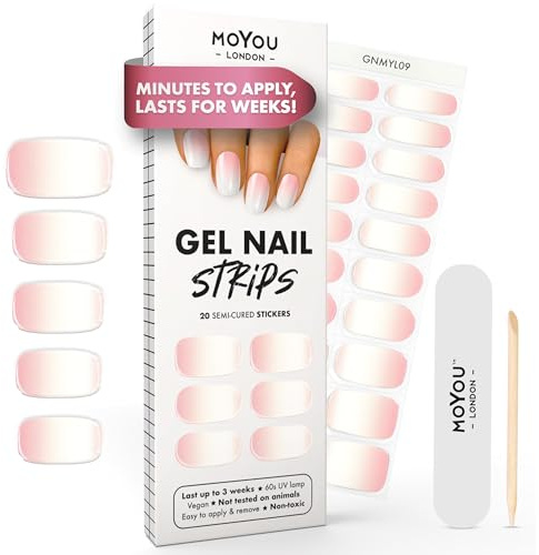 MOYOU LONDON Halbgehärtete UV Gel Strips - 20 Stück - Gel-Nagelfolien UV Härtend für Maniküre in Salonqualität - Pink Sunset