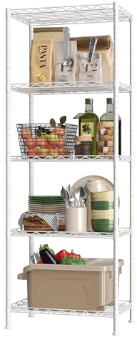 HOMEFORT Regal mit 5 Fächern, verstellbares Drahtregal, Metalldraht, Regal für Küche, Speisekammer, Schrank, Badezimmer, Wäsche, weiß, 53,3 cm B x 27,9 cm T x 134,6 cm H